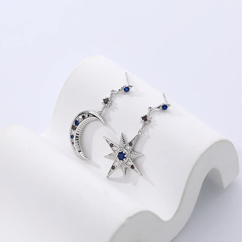 925 Silver Vintage Asymmetric Earrings Zircon Moon Star Studs