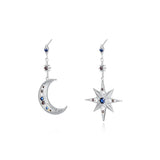 925 Silver Vintage Asymmetric Earrings Zircon Moon Star Studs