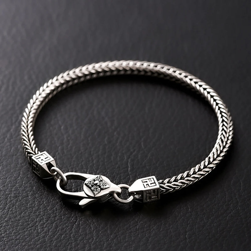 925 Silver Vintage Bracelet Square Chain Quatrefoil Lobster Clasp
