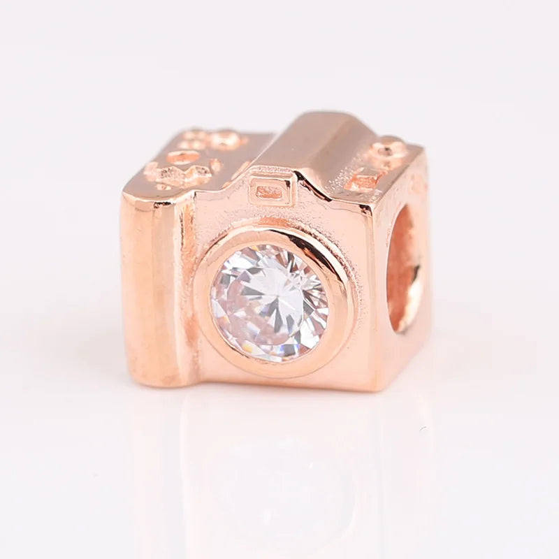 925 Silver Vintage Camera Charm Rose Bead European Jewelry