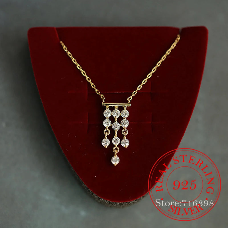 925 Silver Crystal Tassel Choker Necklace 14K Plate