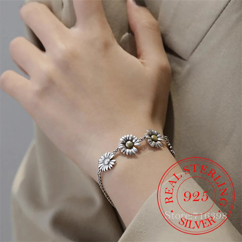 925 Sterling Silver Daisy Flower Charm Bracelet Women Wedding Jewelry