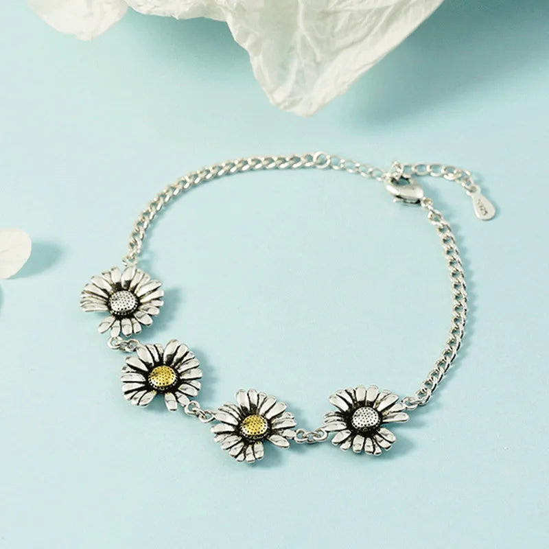 925 Sterling Silver Daisy Flower Charm Bracelet Women Wedding Jewelry