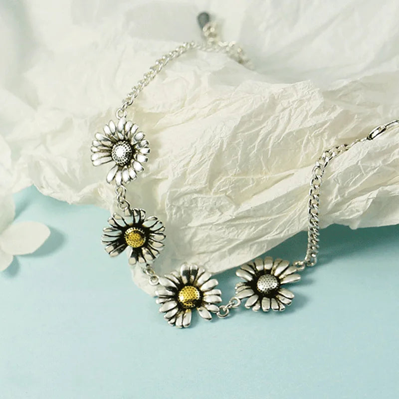 925 Sterling Silver Daisy Flower Charm Bracelet Women Wedding Jewelry