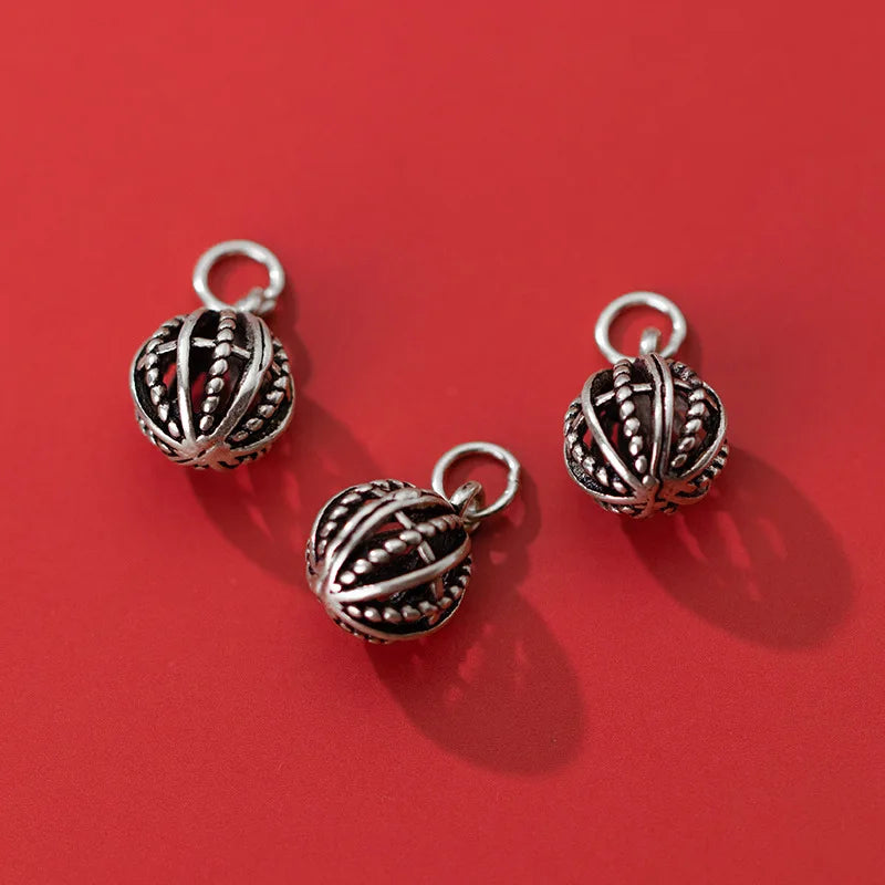 925 Sterling Silver Vintage Charms Hollow Ball Earring Bangle Pendant