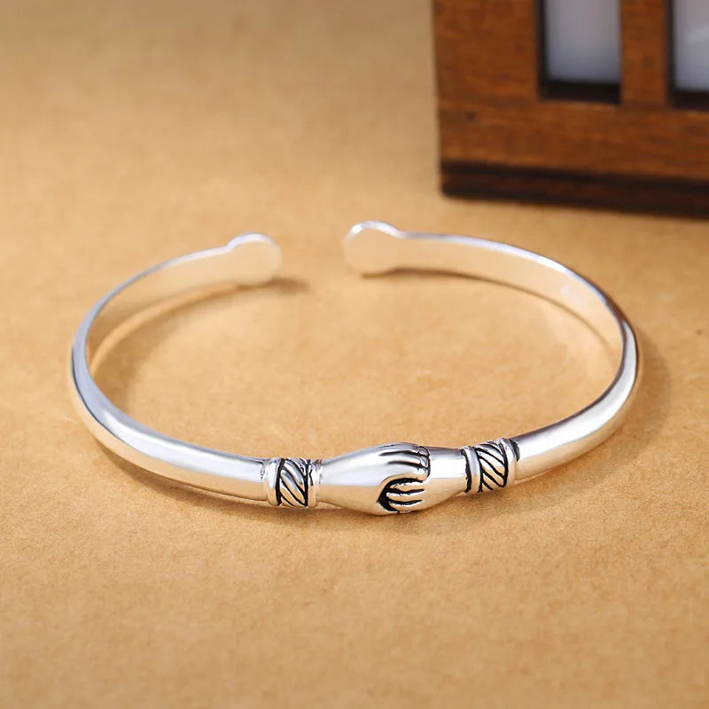 Sterling Silver Handshake Cuff Bracelet for Women Vintage Wedding Jewelry