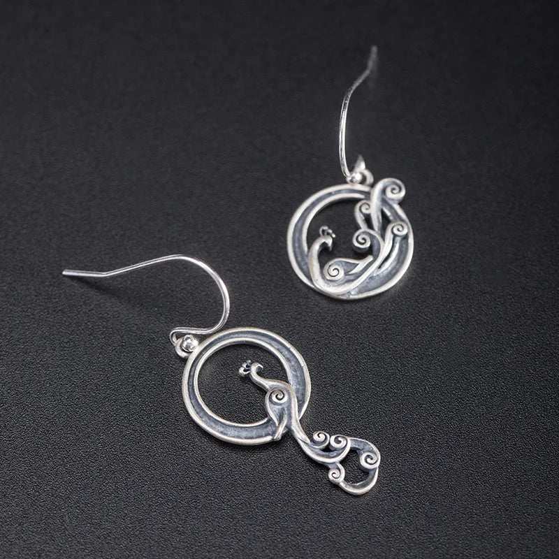 925 Silver Vintage Phoenix Drop Earrings Chinese Style Holiday Gift