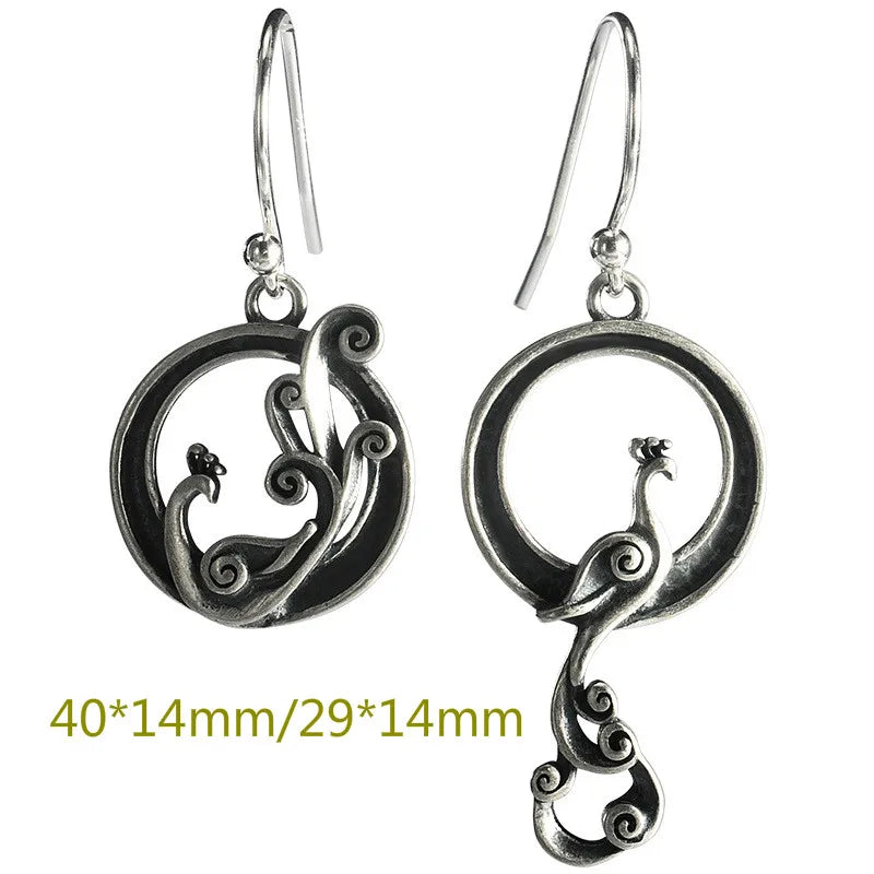 925 Silver Vintage Phoenix Drop Earrings Chinese Style Holiday Gift