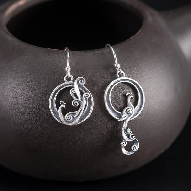 925 Silver Vintage Phoenix Drop Earrings Chinese Style Holiday Gift