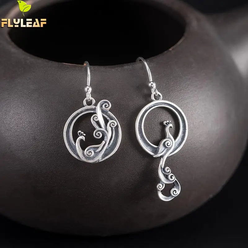 925 Silver Vintage Phoenix Drop Earrings Chinese Style Holiday Gift