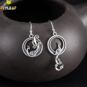 925 Silver Vintage Phoenix Drop Earrings Chinese Style Holiday Gift