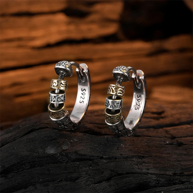 925 Sterling Silver Vintage Textured Round Ring Ear Buckle Hoop Earrings