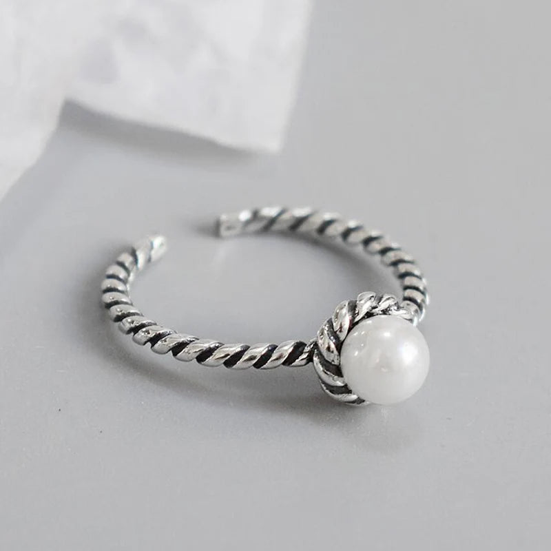 925 Silver Vintage Twisted Wrap Ring Pearl Spiral Ring