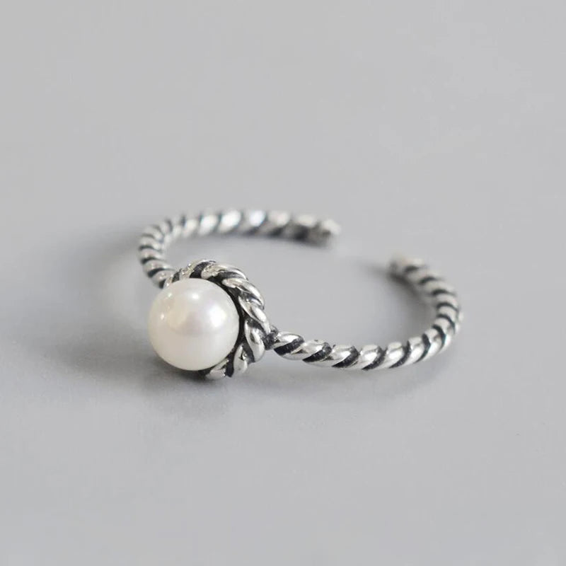 925 Silver Vintage Twisted Wrap Ring Pearl Spiral Ring