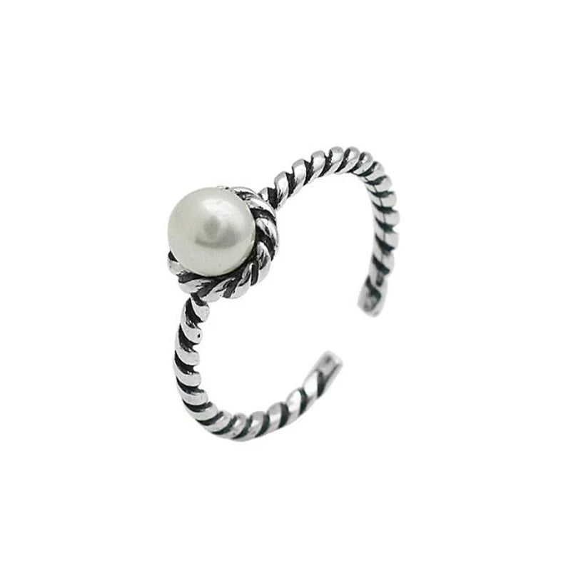 925 Silver Vintage Twisted Wrap Ring Pearl Spiral Ring