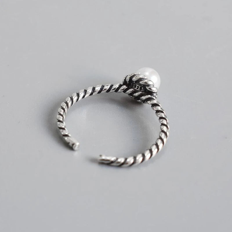 925 Silver Vintage Twisted Wrap Ring Pearl Spiral Ring
