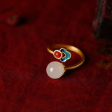 925 Silver Vintage Hetian Jade Enamel Women's Chinese Style Open
