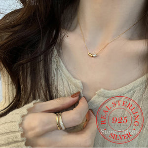 925 Silver Choker Necklace 2 Crystal Beads Pendant 14K Plated Jewelry