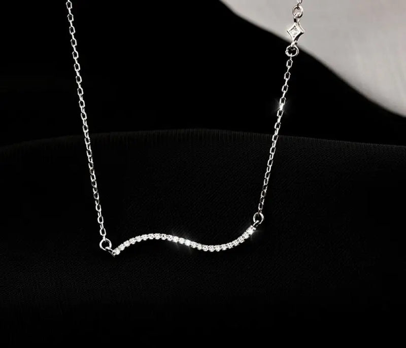 925 Silver Wave Necklace CZ Clavicle Chain Wedding Party Jewelry