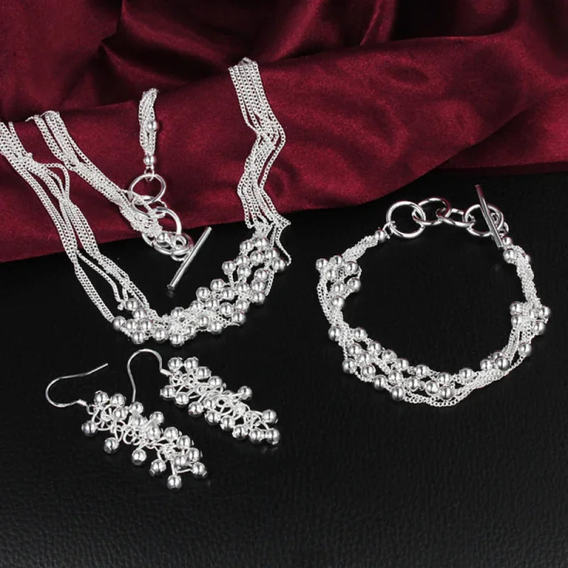 925 Silver Wedding Beads 18in Necklace Earring Bracelet Set