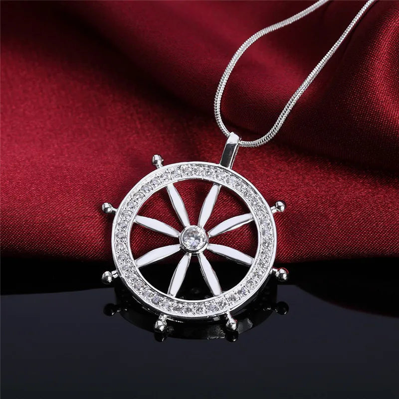 925 Sterling Silver Wheel Pendant Necklace with Cubic Zirconia for Ladies
