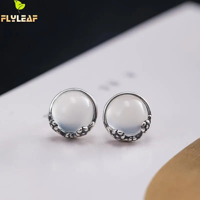 925 Silver Agate Stud Earrings Plum Blossom Vintage Jewelry Women
