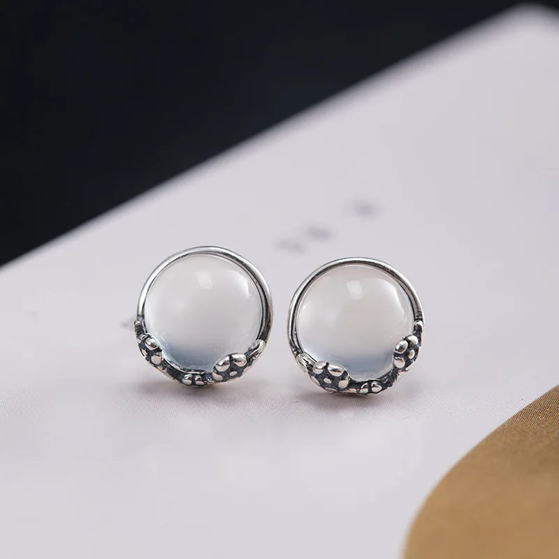 925 Silver Agate Stud Earrings Plum Blossom Vintage Jewelry Women