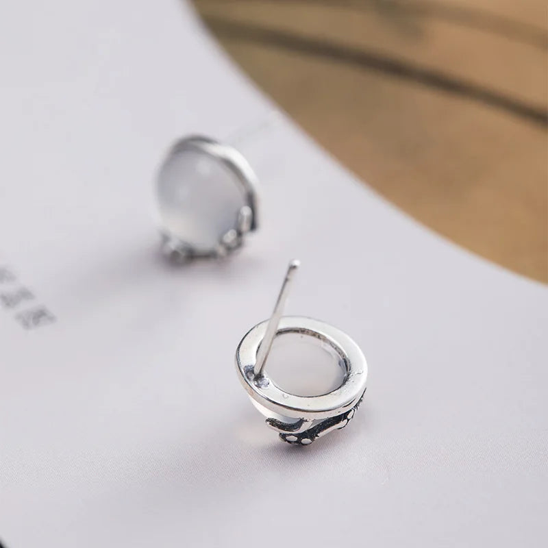925 Silver Agate Stud Earrings Plum Blossom Vintage Jewelry Women