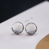 925 Silver Agate Stud Earrings Plum Blossom Vintage Jewelry Women