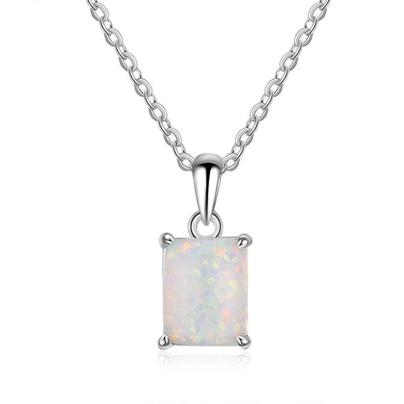 925 Silver Opal Rectangle Pendant Necklace for Women