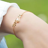 925 Silver Willow Leaves Chain Bracelet with Round Pearl Plated Bangle