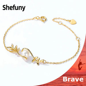 925 Silver Willow Leaves Chain Bracelet with Round Pearl Plated Bangle