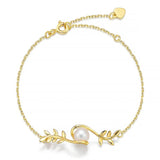 925 Silver Willow Leaves Chain Bracelet with Round Pearl Plated Bangle