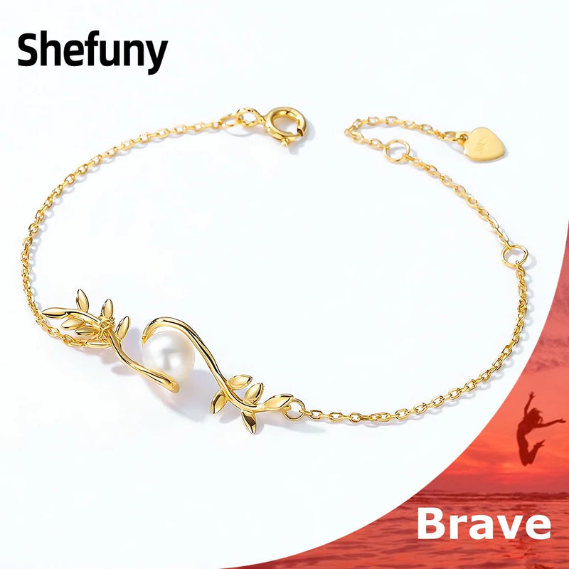 925 Silver Willow Leaves Chain Bracelet with Round Pearl Plated Bangle