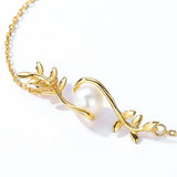 925 Silver Willow Leaves Chain Bracelet with Round Pearl Plated Bangle