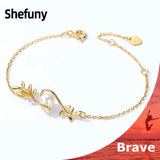 925 Silver Willow Leaves Chain Bracelet with Round Pearl Plated Bangle