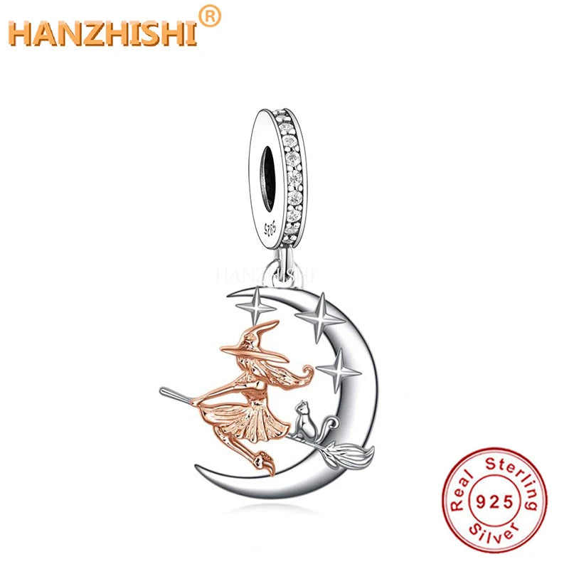 925 Silver Witch on Broom Charm Rose Beads for Bracelet