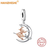 925 Silver Witch on Broom Charm Rose Beads for Bracelet