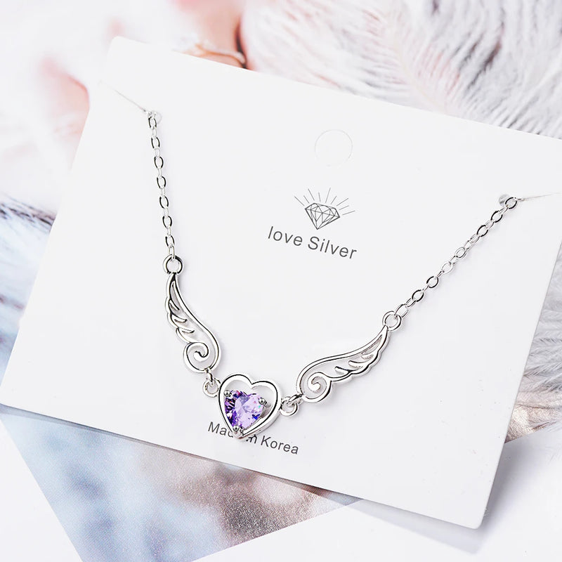 925 Silver Women Necklace Angel Wing Pendant Purple Zircon Chain Jewelry