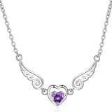 925 Silver Women Necklace Angel Wing Pendant Purple Zircon Chain Jewelry