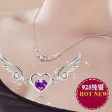 925 Silver Women Necklace Angel Wing Pendant Purple Zircon Chain Jewelry
