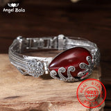 925 Silver Red Garnet Cuff Bracelet Bangle Ethnic Boho