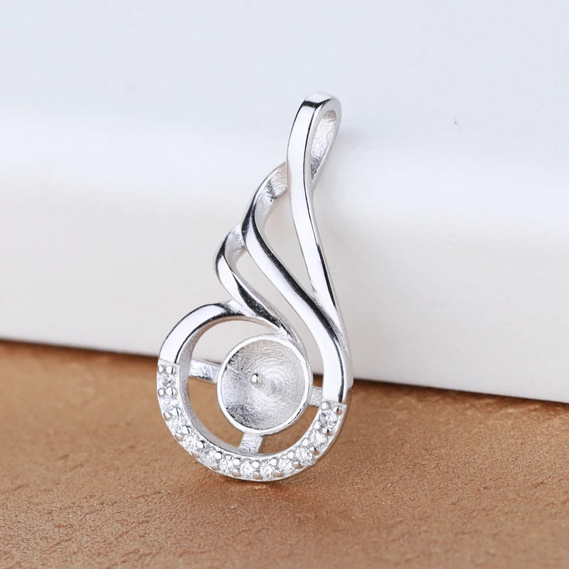 925 Silver Wedding Pendant Setting Crystal 6-9mm Pearl Round Bead Semi Mount DIY