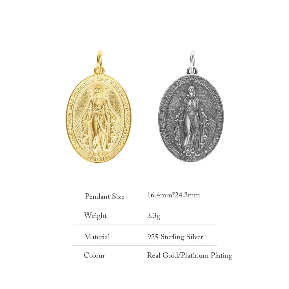 925 Silver Women's Vintage Religious Pendant Portrait Coin High Jewelry