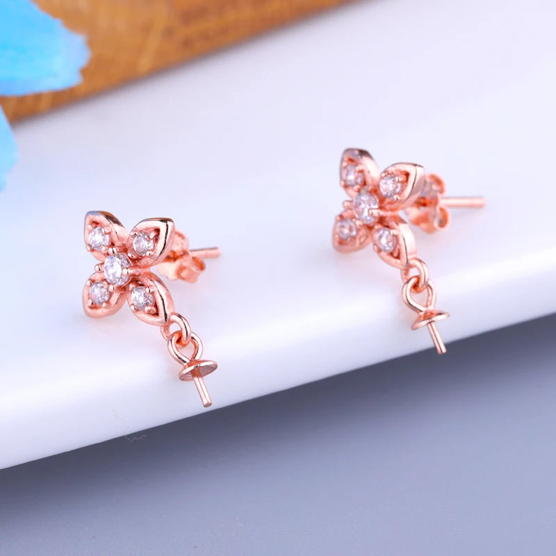 925 Silver Women Stud Earrings Pearl Round Bead CZ Cross