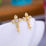 925 Silver Women Stud Earrings Pearl Round Bead CZ Cross