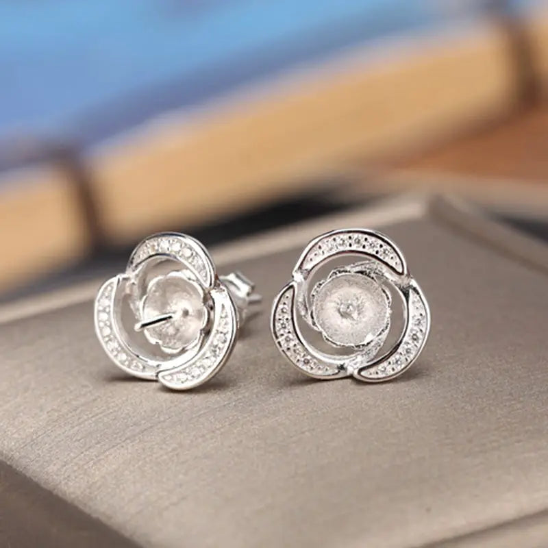 925 Silver Stud Earrings Crystal 8mm Semi Mount DIY Stone