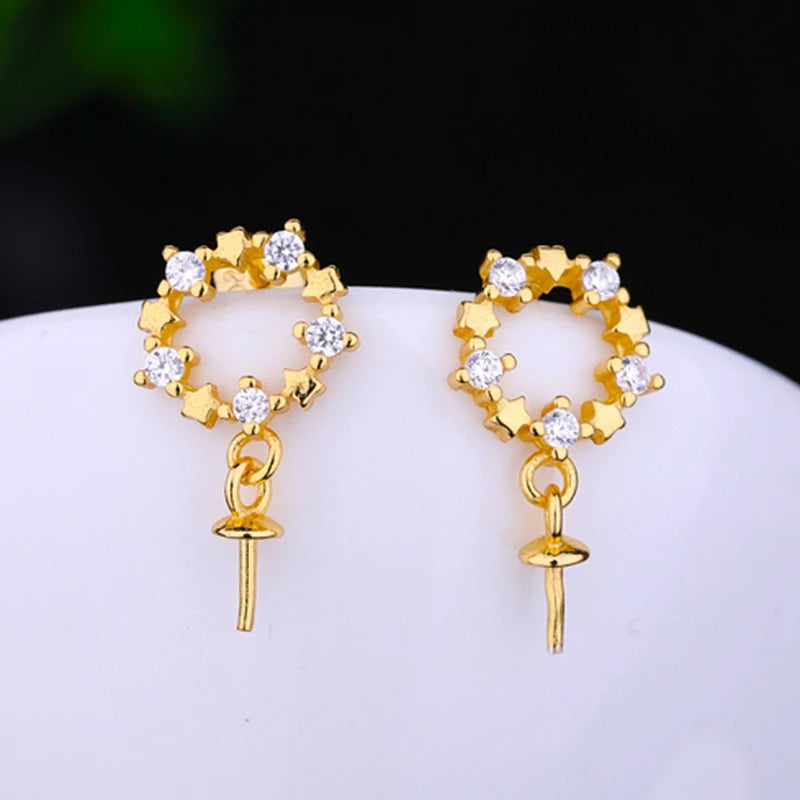 925 Silver Women Stud Earrings CZ Pearl or Round Bead Semi Mount Setting