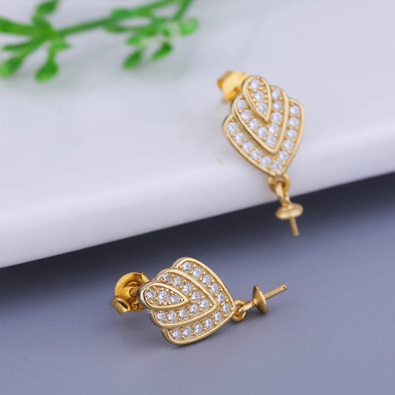 925 Silver Women Stud Earrings CZ Pearl Bead Semi Mount Earrings Setting