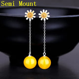 925 Silver Stud Earrings Flower Pearl Round Bead Semi Mount Earrings